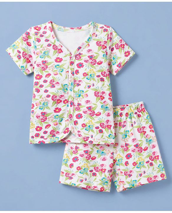 Babyhug 100% Cotton Single Jersey Knit Half Sleeves Floral Printed Co-Ords T-Shirt & Shorts Set - White