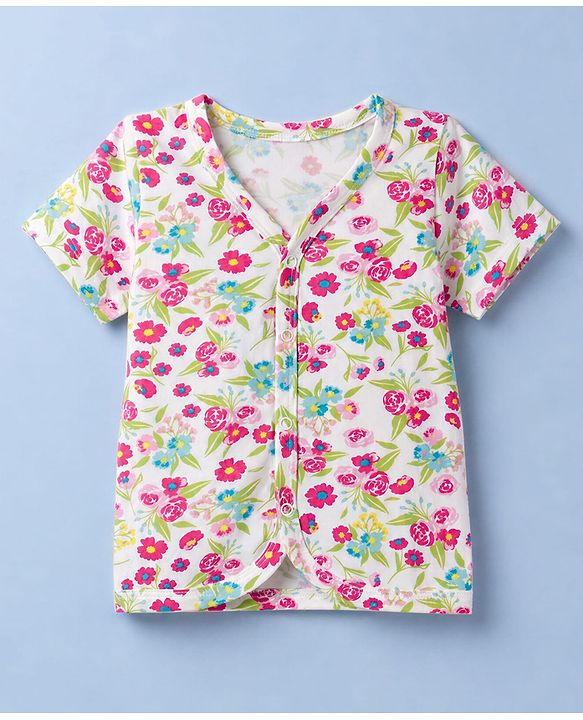 Babyhug 100% Cotton Single Jersey Knit Half Sleeves Floral Printed Co-Ords T-Shirt & Shorts Set - White