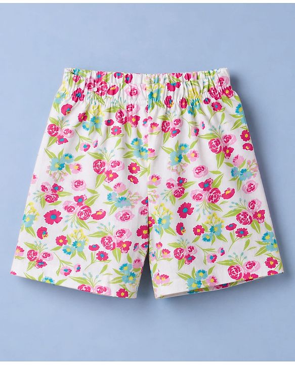 Babyhug 100% Cotton Single Jersey Knit Half Sleeves Floral Printed Co-Ords T-Shirt & Shorts Set - White