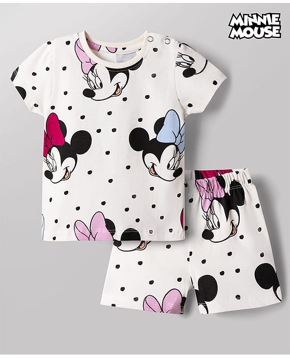 Babyhug Disney 100% Cotton Knit Half Sleeves Co-Ords T-Shirt & Shorts Night Suit With Minnie Mouse Graphic - White