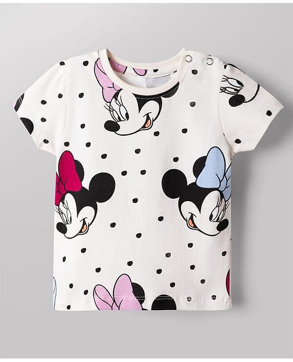 Babyhug Disney 100% Cotton Knit Half Sleeves Co-Ords T-Shirt & Shorts Night Suit With Minnie Mouse Graphic - White