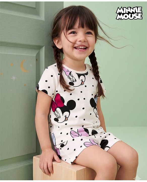 Babyhug Disney 100% Cotton Knit Half Sleeves Co-Ords T-Shirt & Shorts Night Suit With Minnie Mouse Graphic - White