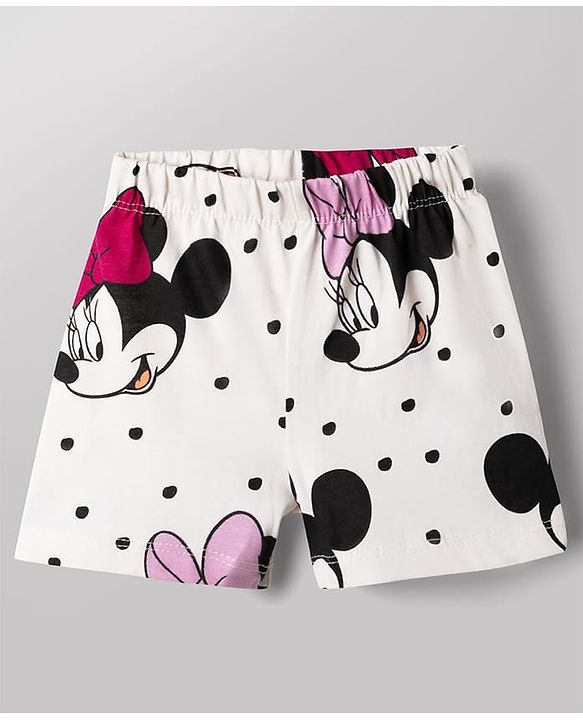 Babyhug Disney 100% Cotton Knit Half Sleeves Co-Ords T-Shirt & Shorts Night Suit With Minnie Mouse Graphic - White