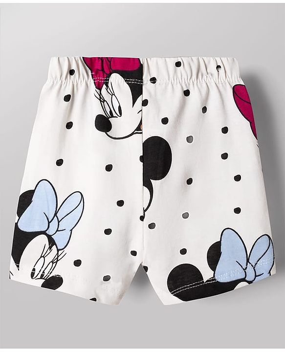 Babyhug Disney 100% Cotton Knit Half Sleeves Co-Ords T-Shirt & Shorts Night Suit With Minnie Mouse Graphic - White