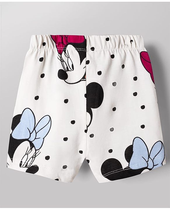Babyhug Disney 100% Cotton Knit Half Sleeves Co-Ords T-Shirt & Shorts Night Suit With Minnie Mouse Graphic - White