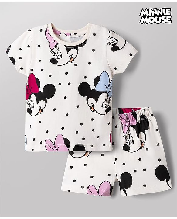 Babyhug Disney 100% Cotton Knit Half Sleeves Co-Ords T-Shirt & Shorts Night Suit With Minnie Mouse Graphic - White