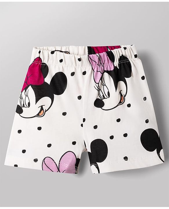 Babyhug Disney 100% Cotton Knit Half Sleeves Co-Ords T-Shirt & Shorts Night Suit With Minnie Mouse Graphic - White