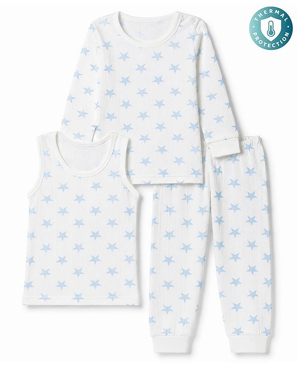 Babyhug Knit Full Sleeves Star Printed Pullover Vest & Leggings Thermal Inner Wear Set - OffWhite