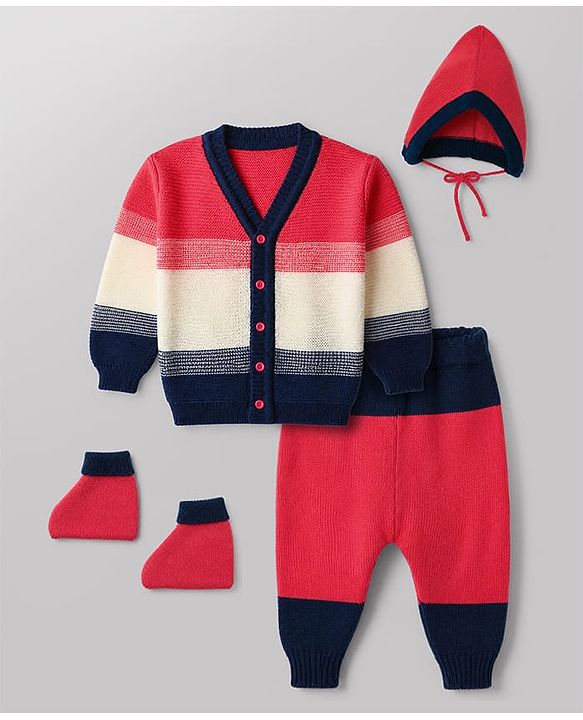 Babyhug Knit Sweater Set Full Sleeves with With Mittens & Cap and Color Block Design in Dark Pink