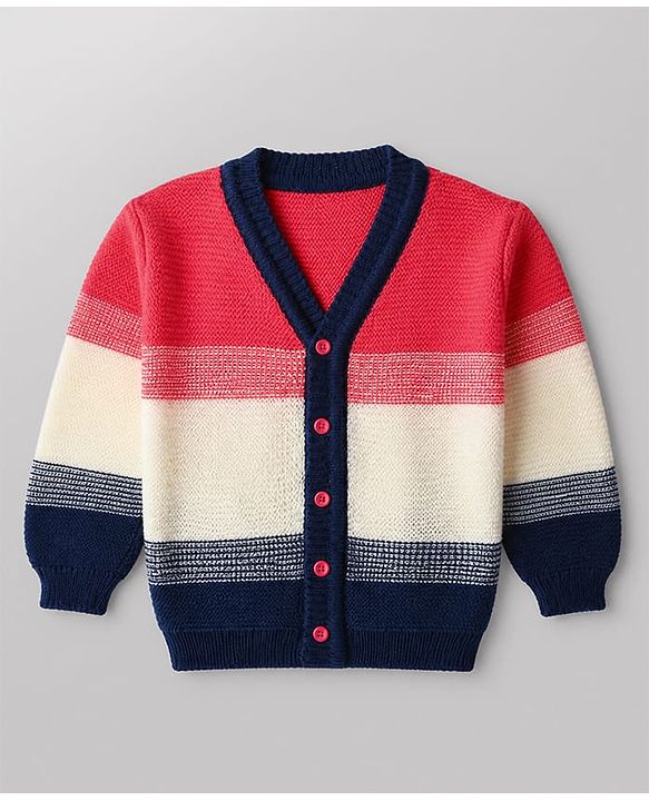 Babyhug Knit Sweater Set Full Sleeves with With Mittens & Cap and Color Block Design in Dark Pink
