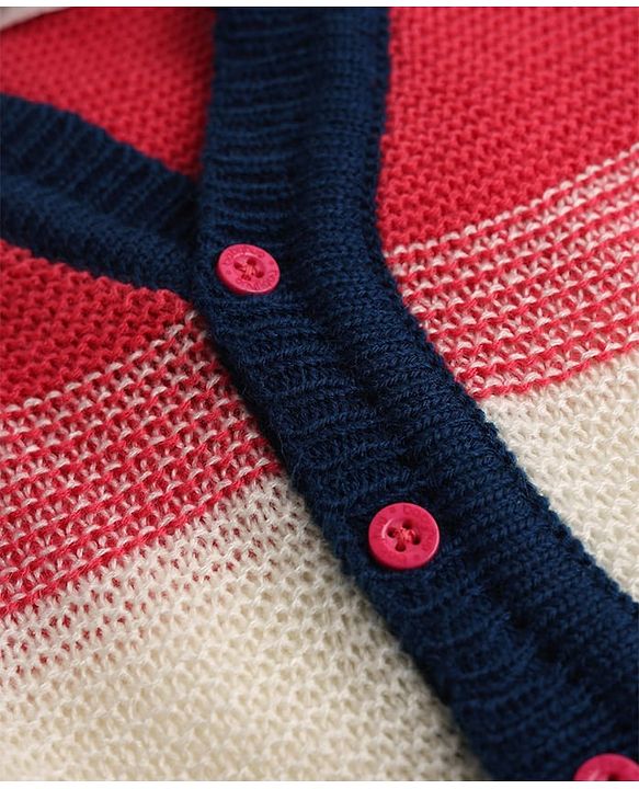 Babyhug Knit Sweater Set Full Sleeves with With Mittens & Cap and Color Block Design in Dark Pink