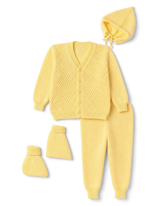 Babyhug Cable Knit Full Sleeves Baby Sweater Set with Cap & Mittens - Yellow