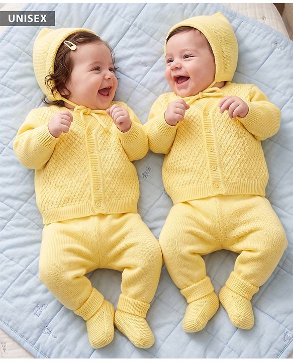 Babyhug Cable Knit Full Sleeves Baby Sweater Set with Cap & Mittens - Yellow