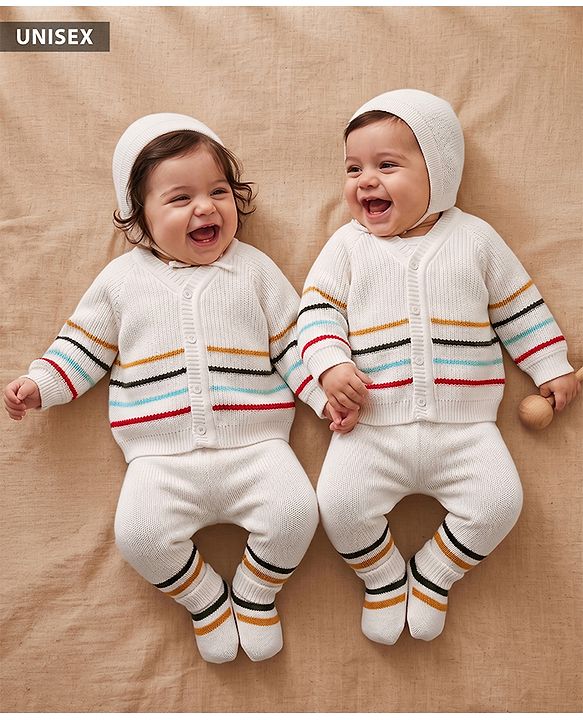 Babyhug Knit Full Sleeves Striped Sweater Set with Cap & Mittens - Offwhite