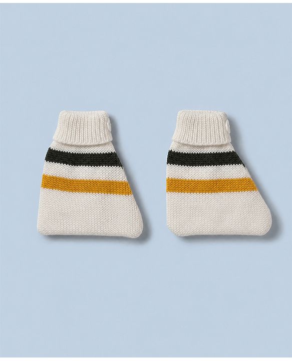 Babyhug Knit Full Sleeves Striped Sweater Set with Cap & Mittens - Offwhite