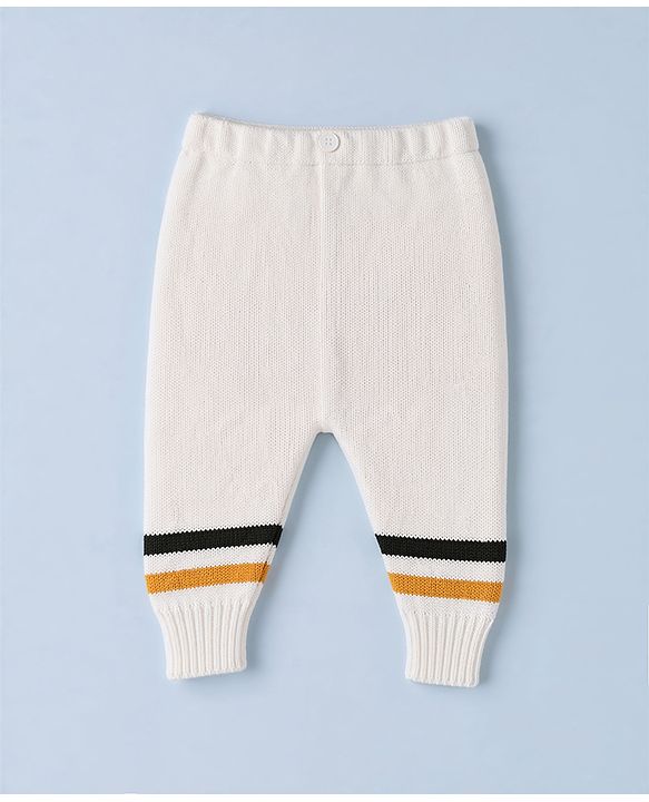 Babyhug Knit Full Sleeves Striped Sweater Set with Cap & Mittens - Offwhite
