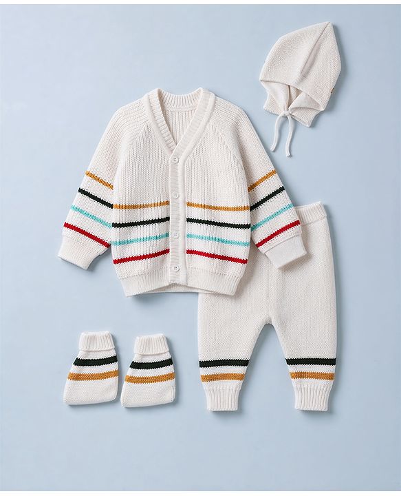 Babyhug Knit Full Sleeves Striped Sweater Set with Cap & Mittens - Offwhite
