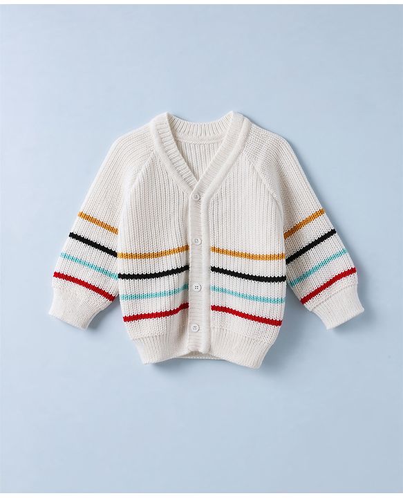 Babyhug Knit Full Sleeves Striped Sweater Set with Cap & Mittens - Offwhite