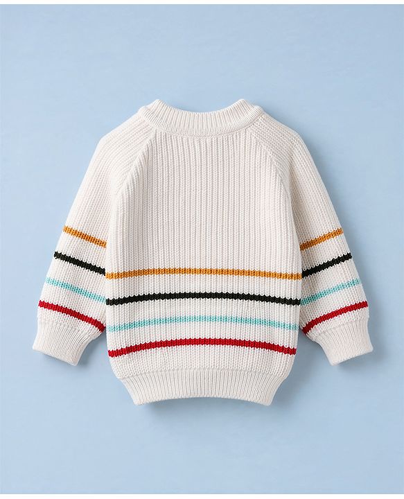 Babyhug Knit Full Sleeves Striped Sweater Set with Cap & Mittens - Offwhite