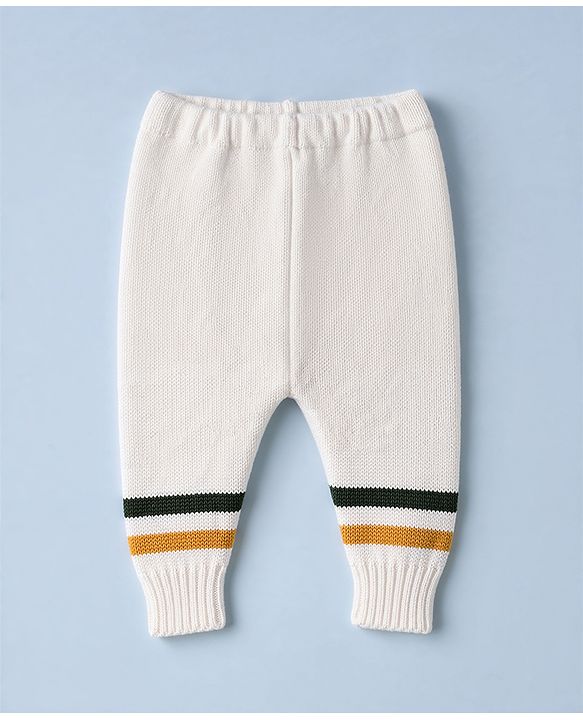Babyhug Knit Full Sleeves Striped Sweater Set with Cap & Mittens - Offwhite