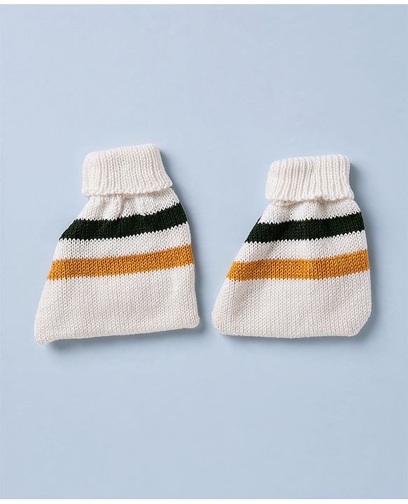Babyhug Knit Full Sleeves Striped Sweater Set with Cap & Mittens - Offwhite