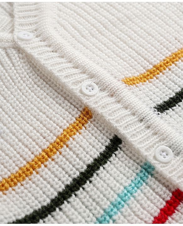 Babyhug Knit Full Sleeves Striped Sweater Set with Cap & Mittens - Offwhite
