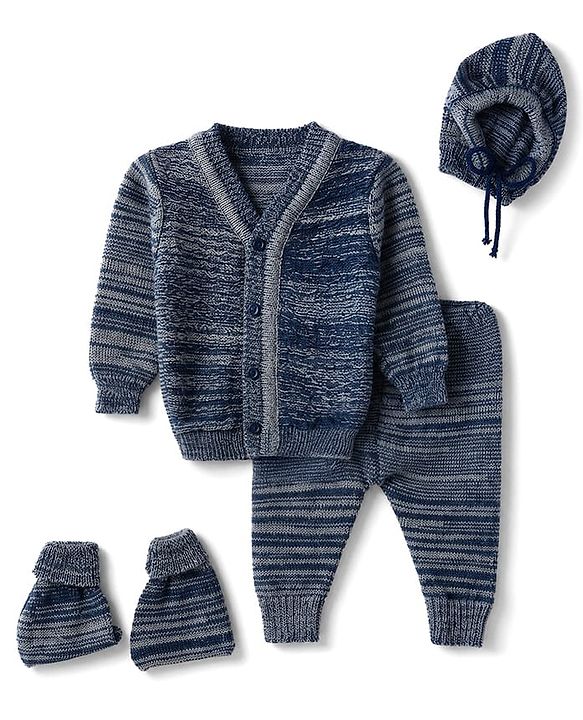 Babyhug Knit Full Sleeves Sweater Set with Cap & Mittens - Navy Blue