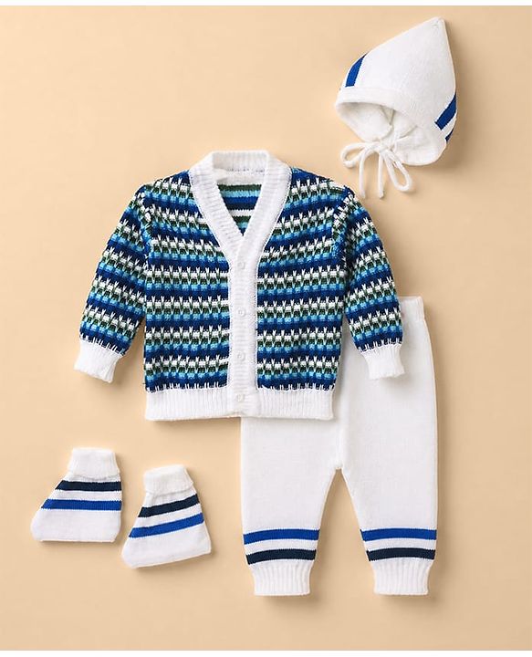 Babyhug Knit Full Sleeves Sweater Set With Cap Booties & Stripes Design - Blue