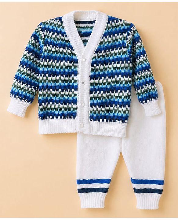 Babyhug Knit Full Sleeves Sweater Set With Cap Booties & Stripes Design - Blue