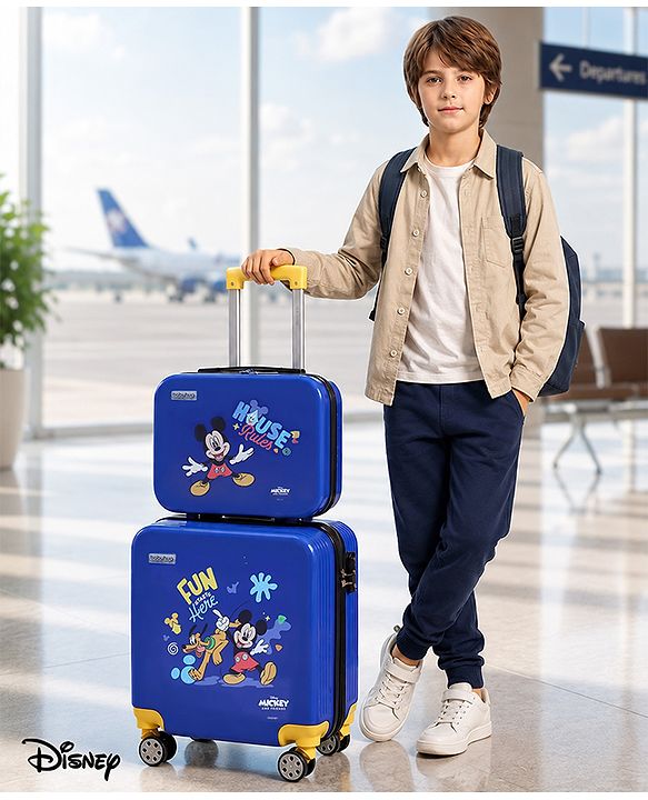 Babyhug Disney Mickey Kids Travel Luggage with Wheels & Carry-On Luggage Pack of 2 - 15 & 13 Inches| Shock Resistant| Telescopic Handle| Water Resistant| Easy Zipper Closure| Durable Wheels| TSA Lock