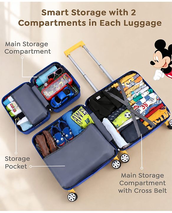 Babyhug Disney Mickey Kids Travel Luggage with Wheels & Carry-On Luggage Pack of 2 - 15 & 13 Inches| Shock Resistant| Telescopic Handle| Water Resistant| Easy Zipper Closure| Durable Wheels| TSA Lock
