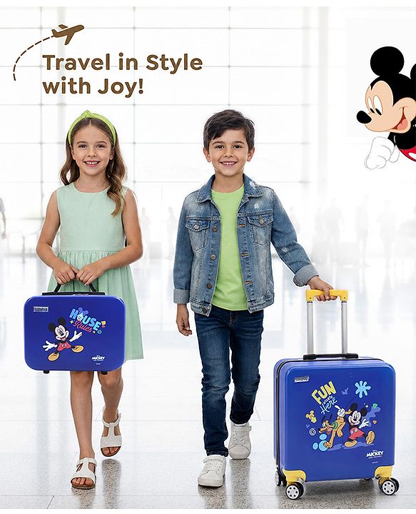 Babyhug Disney Mickey Kids Travel Luggage with Wheels & Carry-On Luggage Pack of 2 - 15 & 13 Inches| Shock Resistant| Telescopic Handle| Water Resistant| Easy Zipper Closure| Durable Wheels| TSA Lock