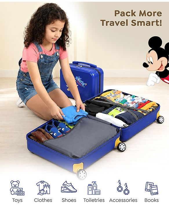 Babyhug Disney Mickey Kids Travel Luggage with Wheels & Carry-On Luggage Pack of 2 - 15 & 13 Inches| Shock Resistant| Telescopic Handle| Water Resistant| Easy Zipper Closure| Durable Wheels| TSA Lock