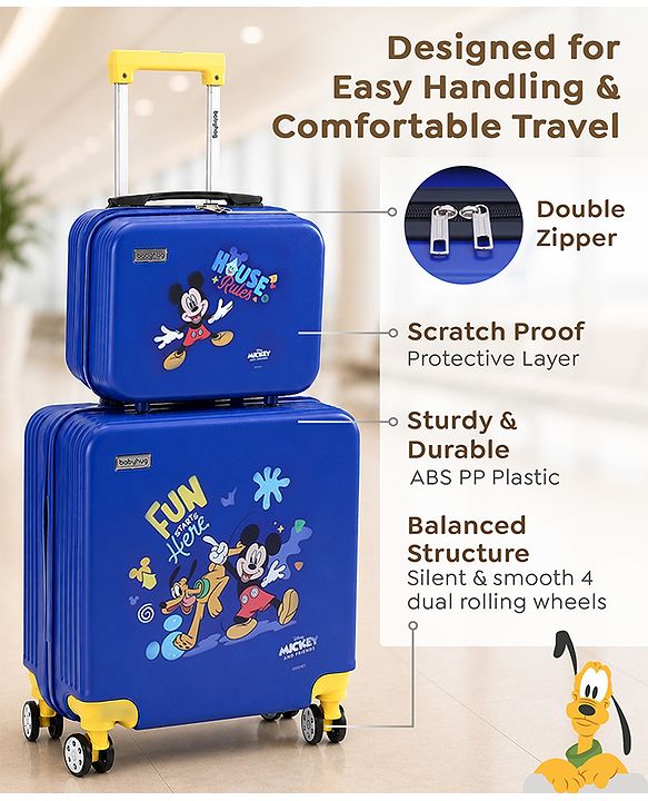 Babyhug Disney Mickey Kids Travel Luggage with Wheels & Carry-On Luggage Pack of 2 - 15 & 13 Inches| Shock Resistant| Telescopic Handle| Water Resistant| Easy Zipper Closure| Durable Wheels| TSA Lock