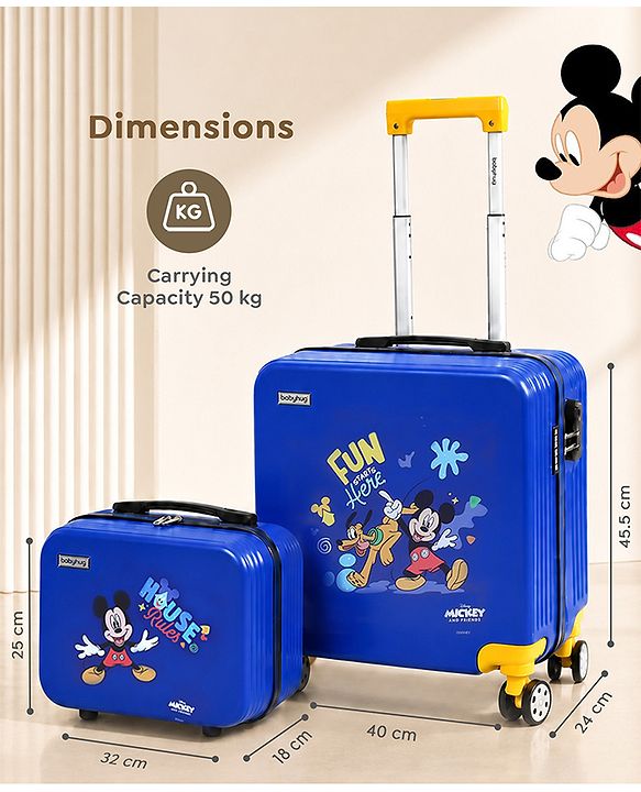 Babyhug Disney Mickey Kids Travel Luggage with Wheels & Carry-On Luggage Pack of 2 - 15 & 13 Inches| Shock Resistant| Telescopic Handle| Water Resistant| Easy Zipper Closure| Durable Wheels| TSA Lock