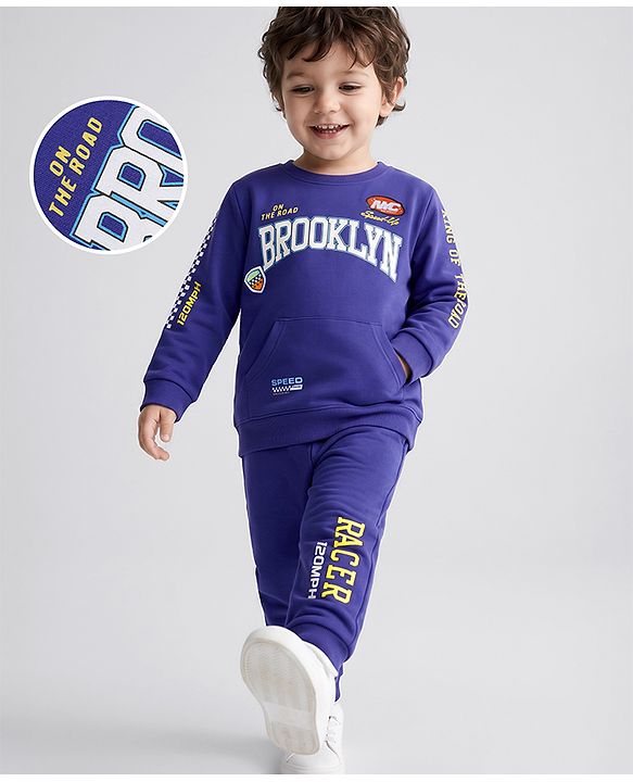 Babyhug 100% Cotton Terry Knit Full Sleeves Text Printed T-Shirt & Lounge Pant Set - Purple