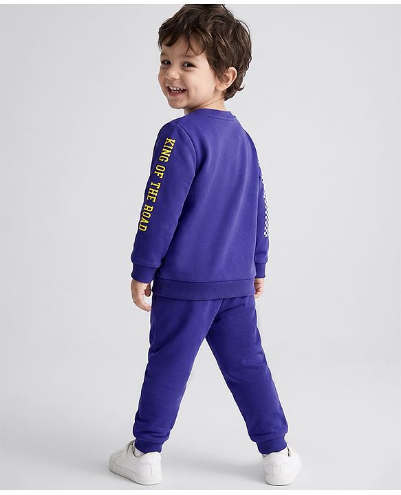 Babyhug 100% Cotton Terry Knit Full Sleeves Text Printed T-Shirt & Lounge Pant Set - Purple