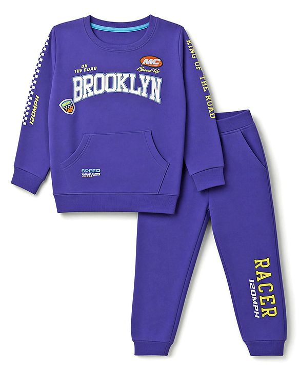 Babyhug 100% Cotton Terry Knit Full Sleeves Text Printed T-Shirt & Lounge Pant Set - Purple