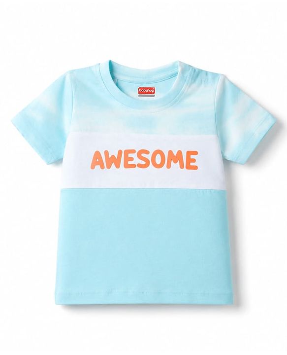 Babyhug 100% Cotton Single Jersey Knit Half Sleeves T-Shirt & Shorts With Text Print - Light Blue