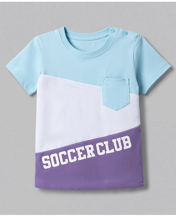 Babyhug 100% Cotton Single Jersey Knit Half Sleeves Cut & Sew Colour Block Text Printed T-Shirt & Shorts Set - Light Blue