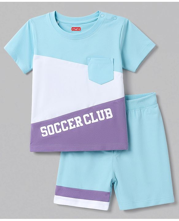 Babyhug 100% Cotton Single Jersey Knit Half Sleeves Cut & Sew Colour Block Text Printed T-Shirt & Shorts Set - Light Blue