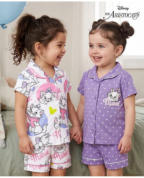 Babyhug Disney Single Jersey Knit Half Sleeves Shirt & Shorts Co-ords Night Suit with Marie Graphics Pack of 2- Multicolour