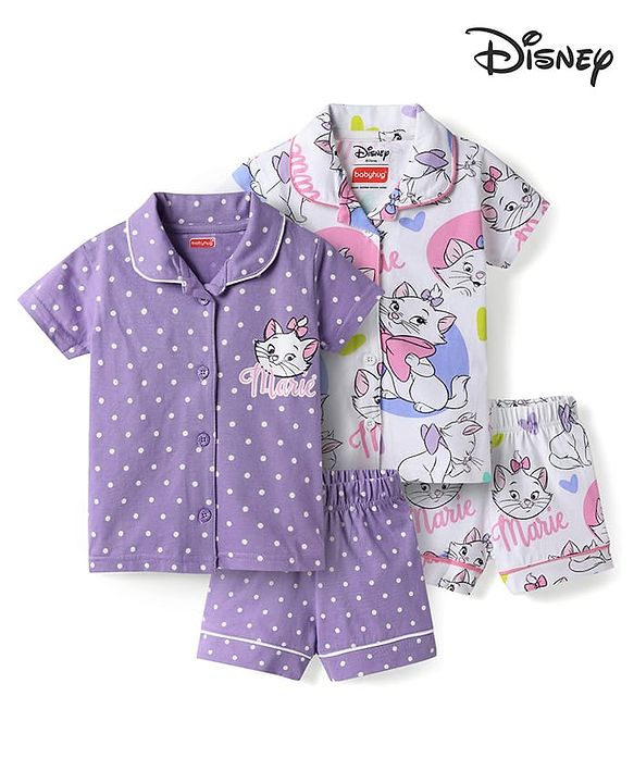 Babyhug Disney Single Jersey Knit Half Sleeves Shirt & Shorts Co-ords Night Suit with Marie Graphics Pack of 2- Multicolour