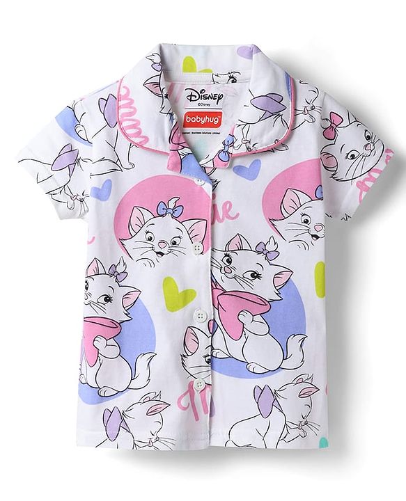Babyhug Disney Single Jersey Knit Half Sleeves Shirt & Shorts Co-ords Night Suit with Marie Graphics Pack of 2- Multicolour