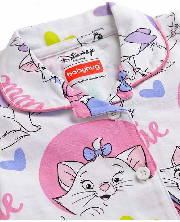 Babyhug Disney Single Jersey Knit Half Sleeves Shirt & Shorts Co-ords Night Suit with Marie Graphics Pack of 2- Multicolour