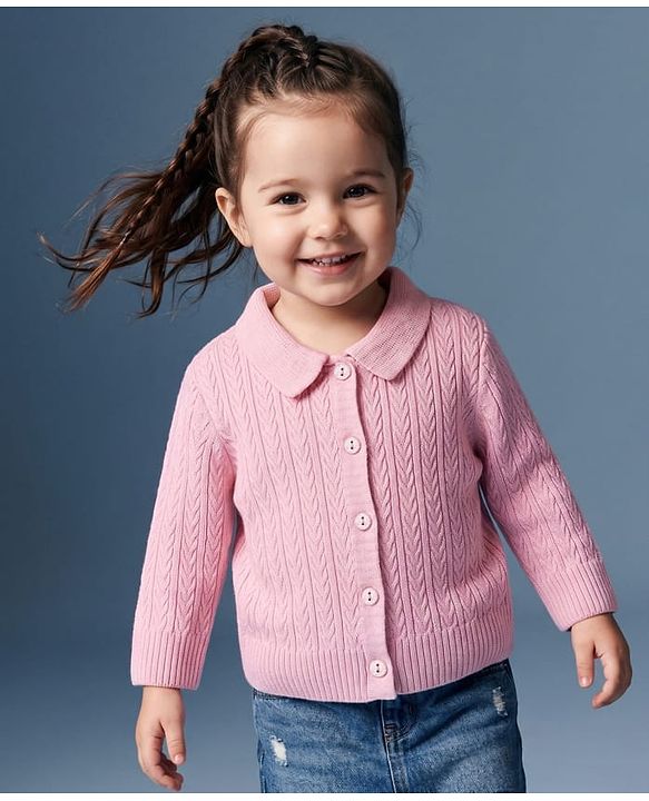 Babyhug Select Knit Full Sleeves Solid Colour Collar Neck Front Open Sweater with Cable Knit Design - Pink