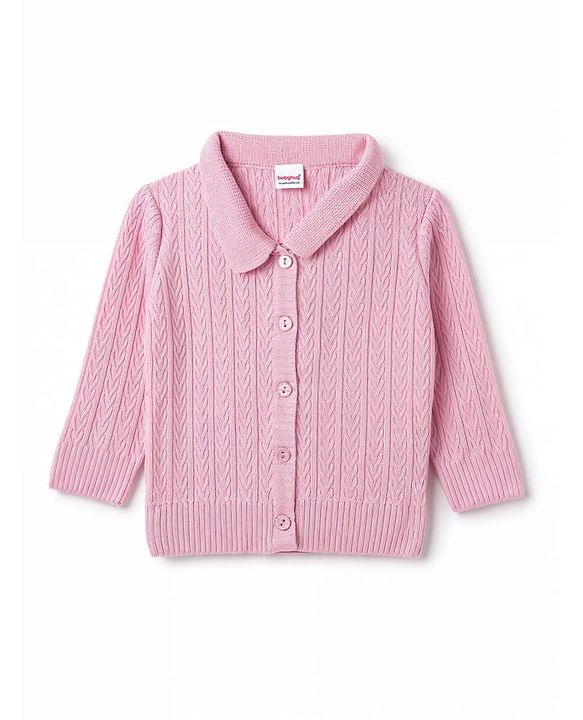 Babyhug Select Knit Full Sleeves Solid Colour Collar Neck Front Open Sweater with Cable Knit Design - Pink