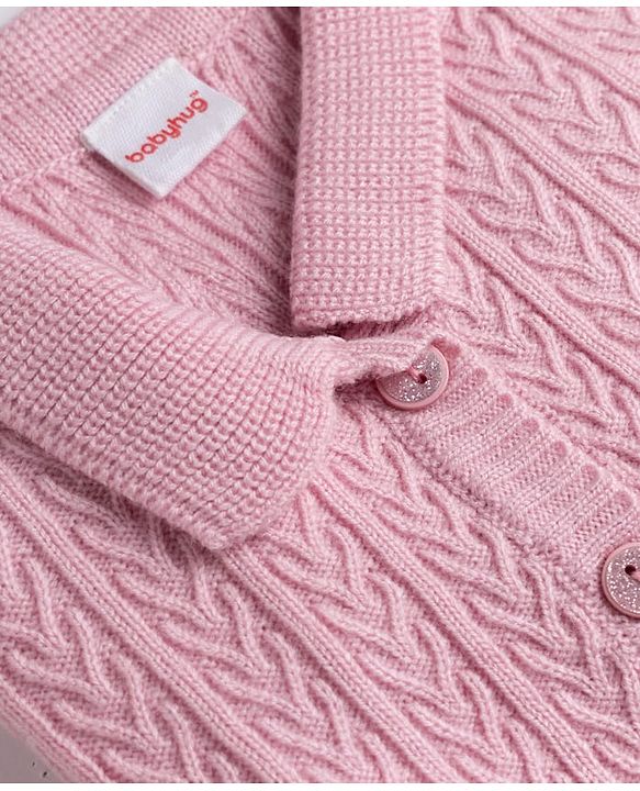 Babyhug Select Knit Full Sleeves Solid Colour Collar Neck Front Open Sweater with Cable Knit Design - Pink