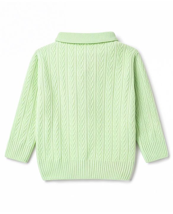 Babyhug Select Knit Full Sleeves Solid Colour Collar Neck Front Open Sweater with Cable Knit Design - Light Green