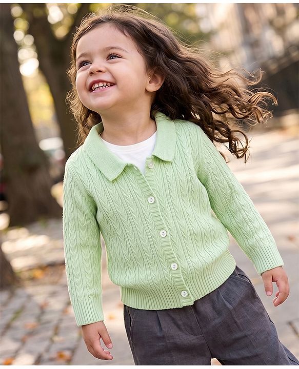 Babyhug Select Knit Full Sleeves Solid Colour Collar Neck Front Open Sweater with Cable Knit Design - Light Green